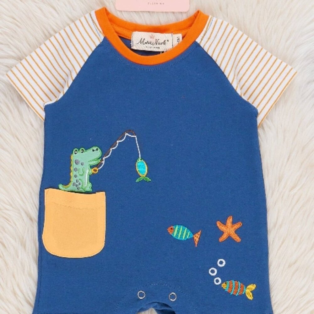 Embroidered Fishing Alligator Pocket Romper